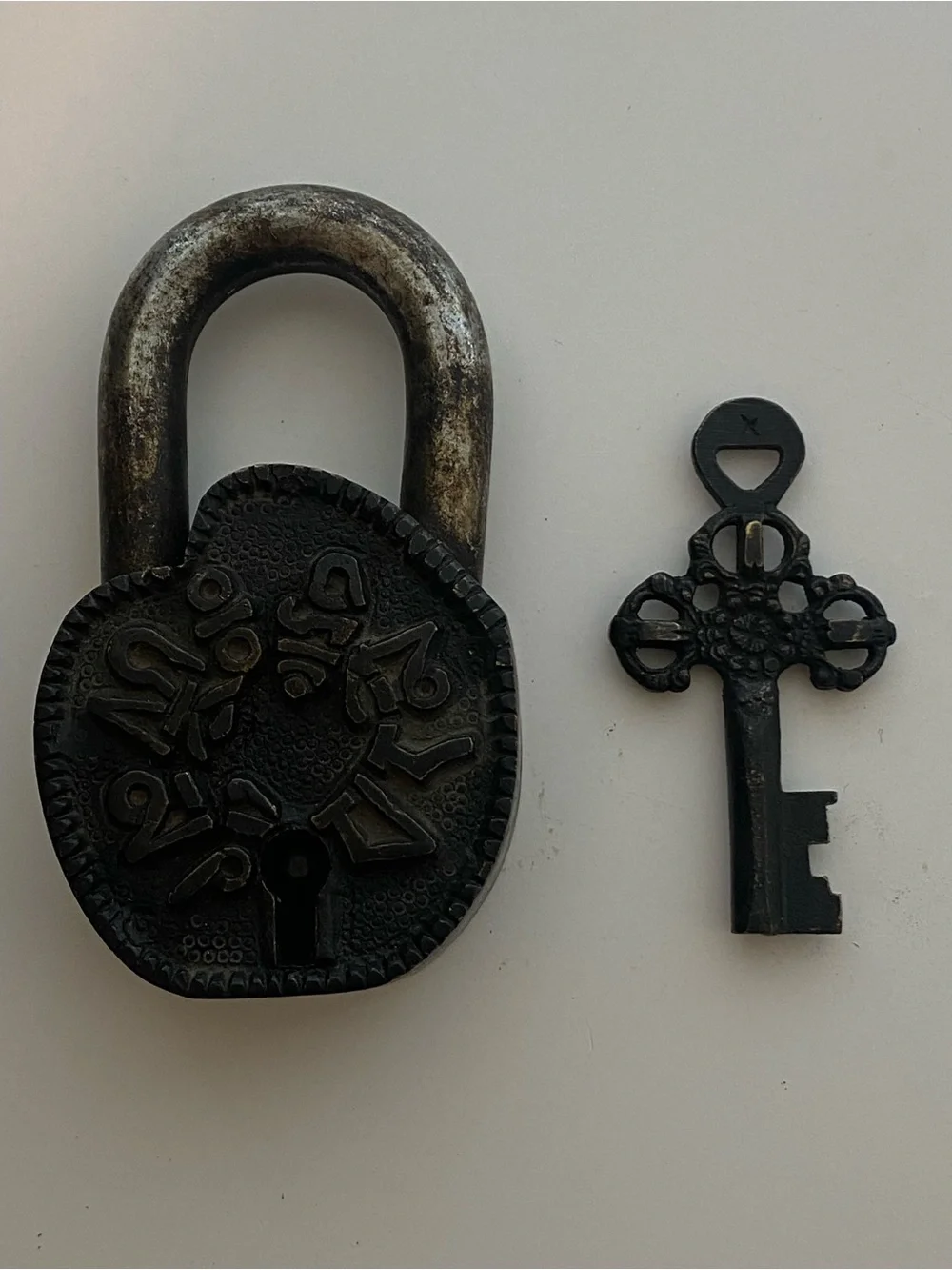 An Old Bronze Padlock With Auspicious Symbols
